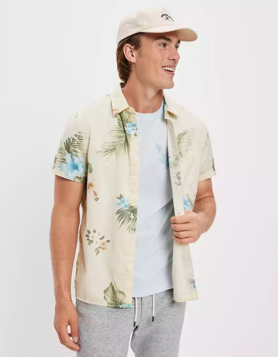 Hauts Flanelle American Eagle AE Tropical Button-Up Resort Shirt Blanche Menthe Homme | MRB-17119139